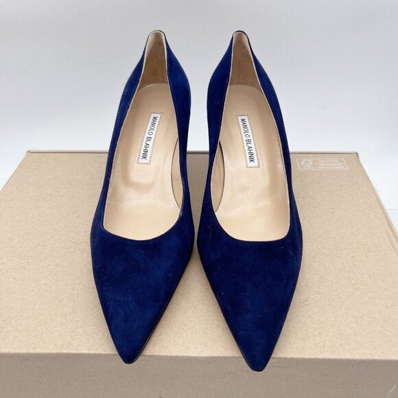 MANOLO BLAHNIK Srila Low Heel Pumps Navy Blue Suede Pointed Toe EU 38.5 US 8.5 - Picture 5 of 12